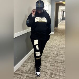 Black Sweatsuit with Denim Accents, Patches And Crosses.